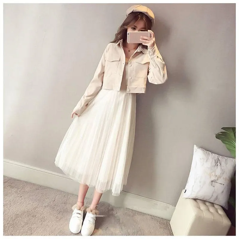 Fashion 2019 Women Dress with Out Wear Apricot Blue Pink Color Two Piece Suit Spring Female Dresses