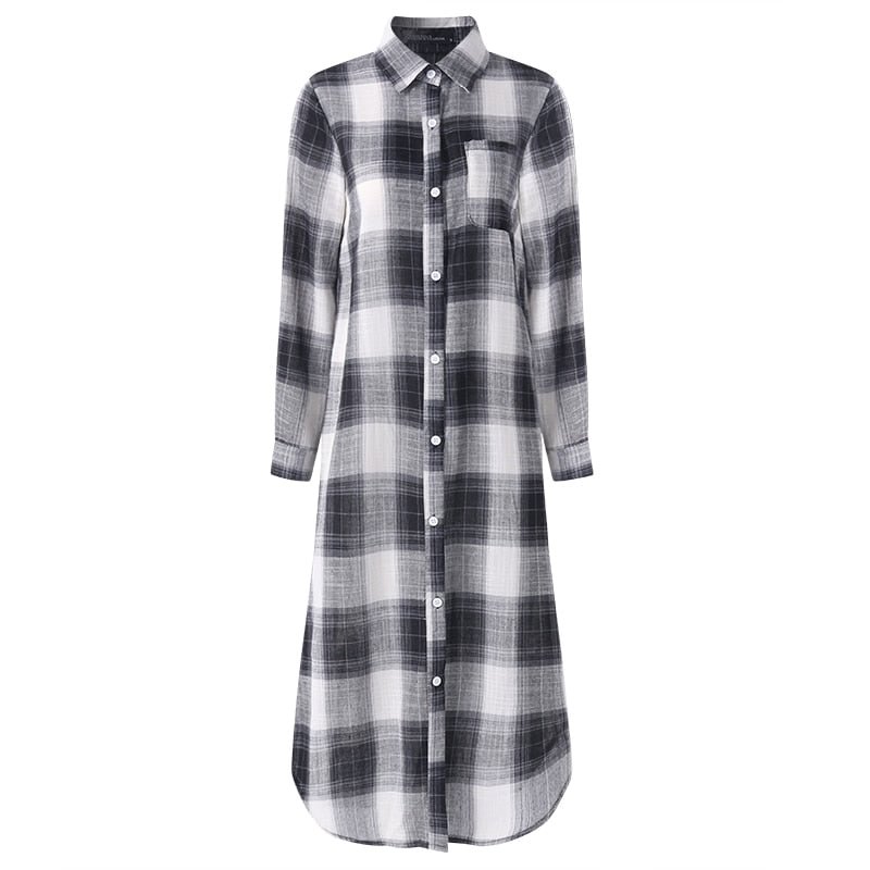Women Plaid Checked Long Dress ZANZEA Autumn Lapel Neck Long Sleeve Casual Shirt Vestido Robe Buttons Down Cotton Sundress Tunic