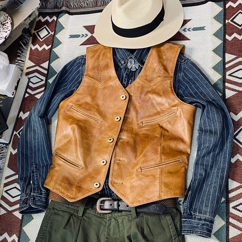 American Retro Western Cowboy Style Leather Waistcoats