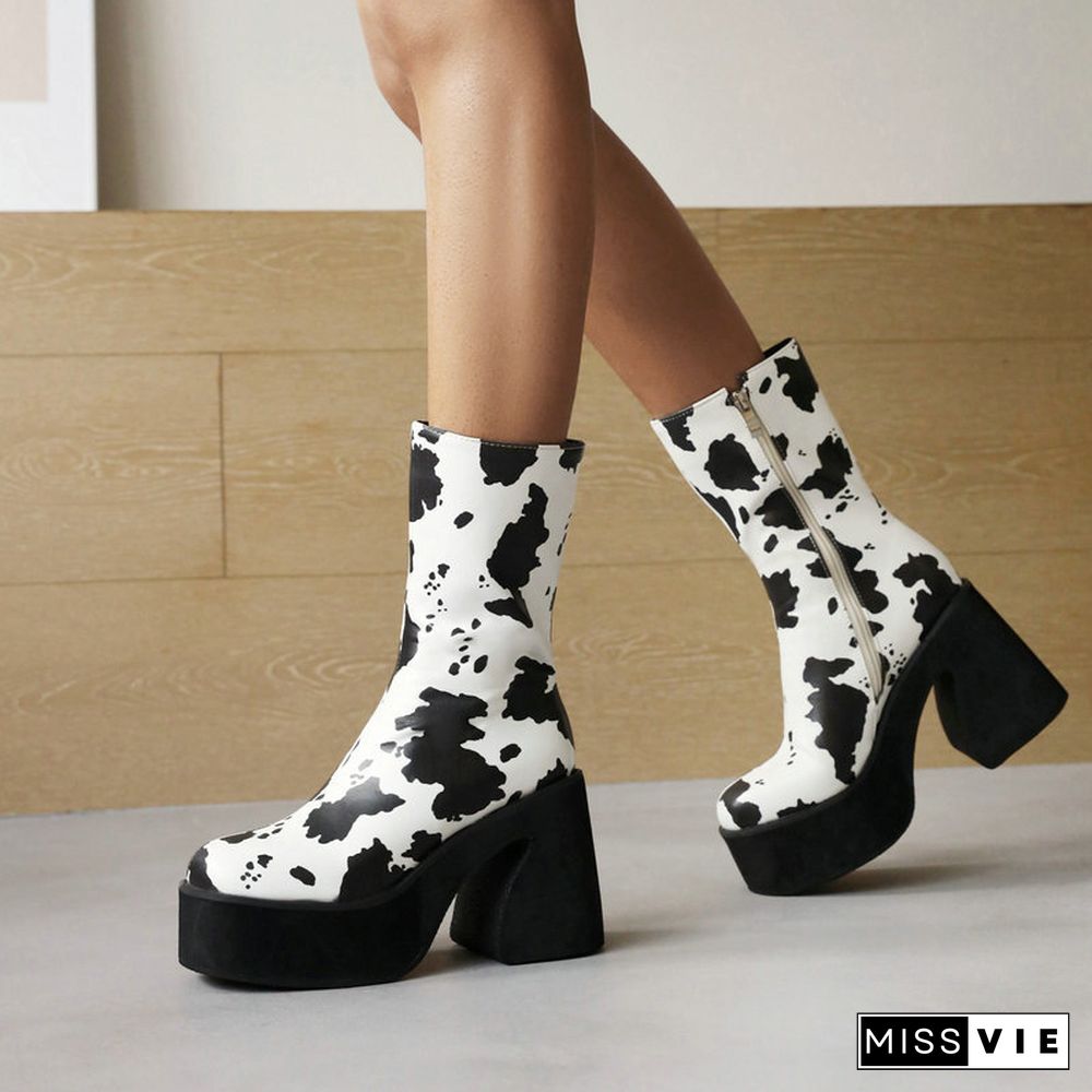 Zebra Cow Print Slip-On Platform Boots