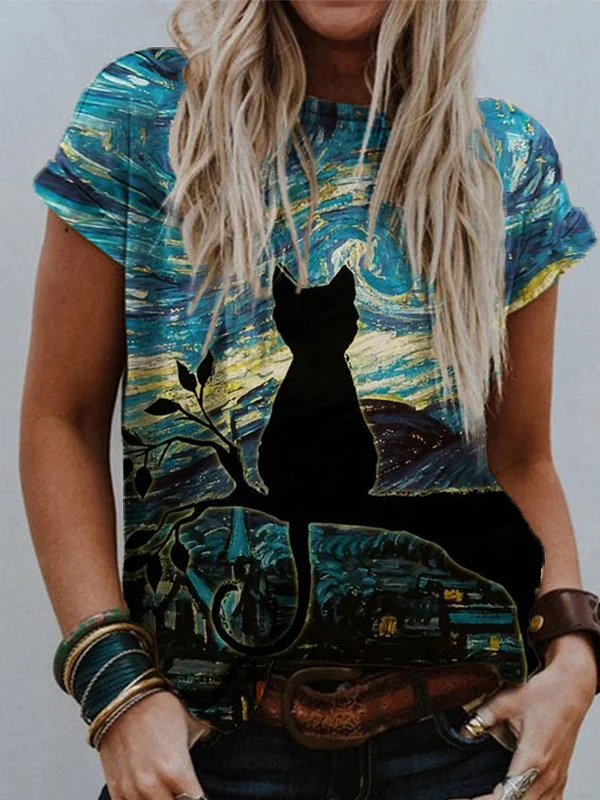 Cat In Starry Night Graphic T Shirt