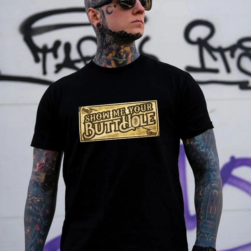 SHOW ME YOUR BUTT HOLE Yellow Icon Black Print T-Shirt