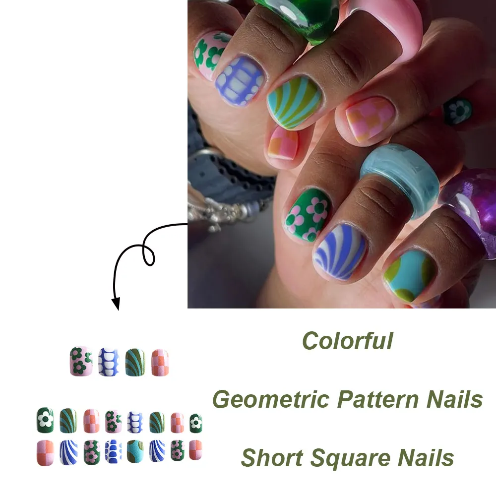 Churchf Churchf Oil Short Square Nail Flower Stripe Checkerboard Beautiful Nail Piece Wearing Nail Removable Nail Nail Products