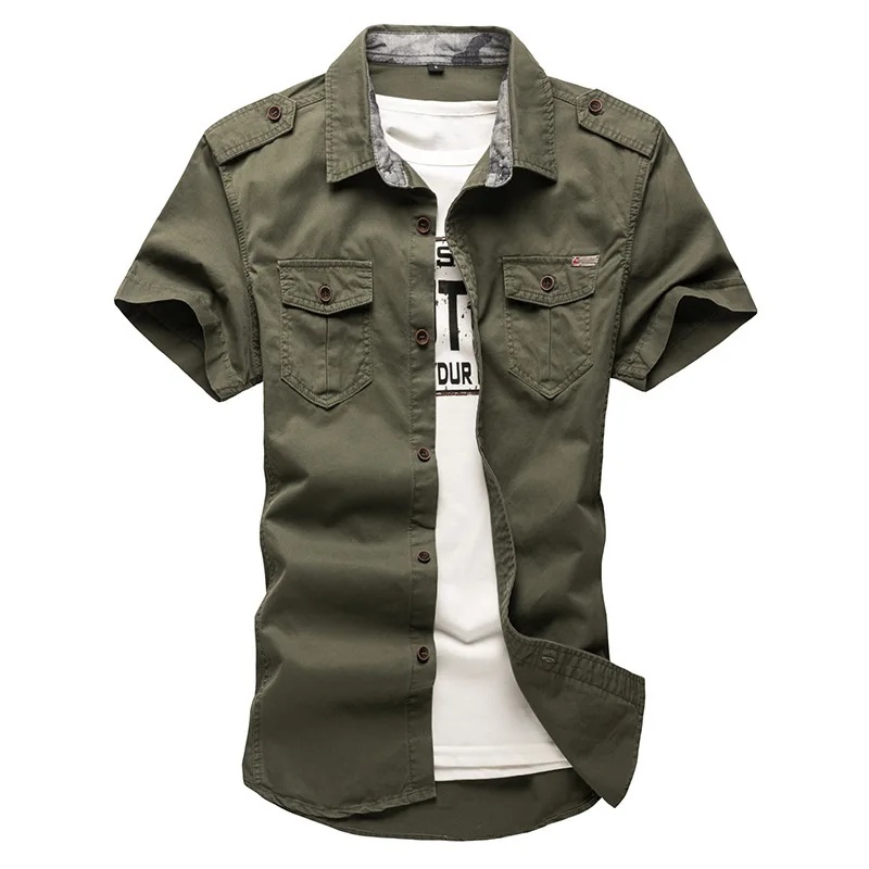 Summer New Men's Cotton Shirt Plus Size Outdoor Military Trade Casual Workwear Short Sleeve Top Square Collar For Leisure