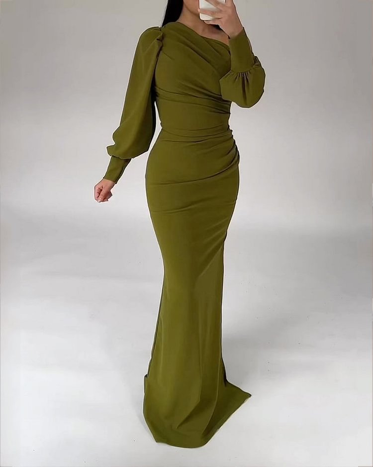 Fashion Solid Color One-sleeve Waist Dress