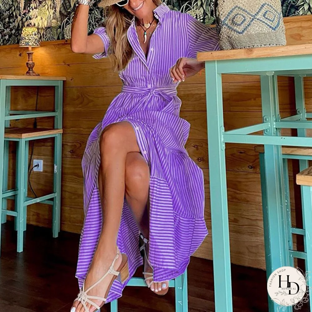 Fashion Stripe Short Sleeve Loose Medium Length Dress