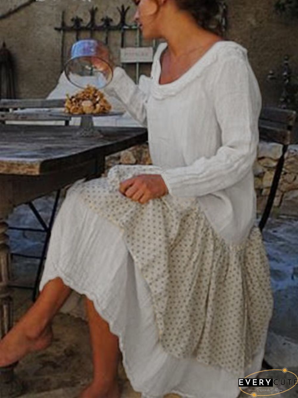 Casual Cotton-Blend Crew Neck Weaving Dress