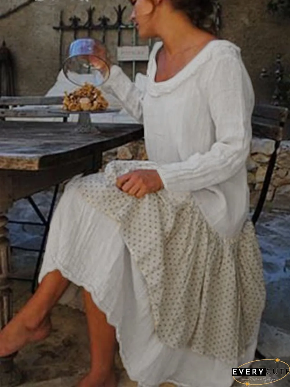 Casual Cotton-Blend Crew Neck Weaving Dress