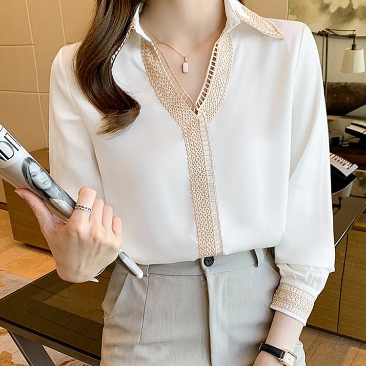 Hollow Out White Embroidery Blouse Women Autumn New Long Sleeve Chiffon Shirt Tops Elegant Lapel V-neck Office Lady Shirts 15939