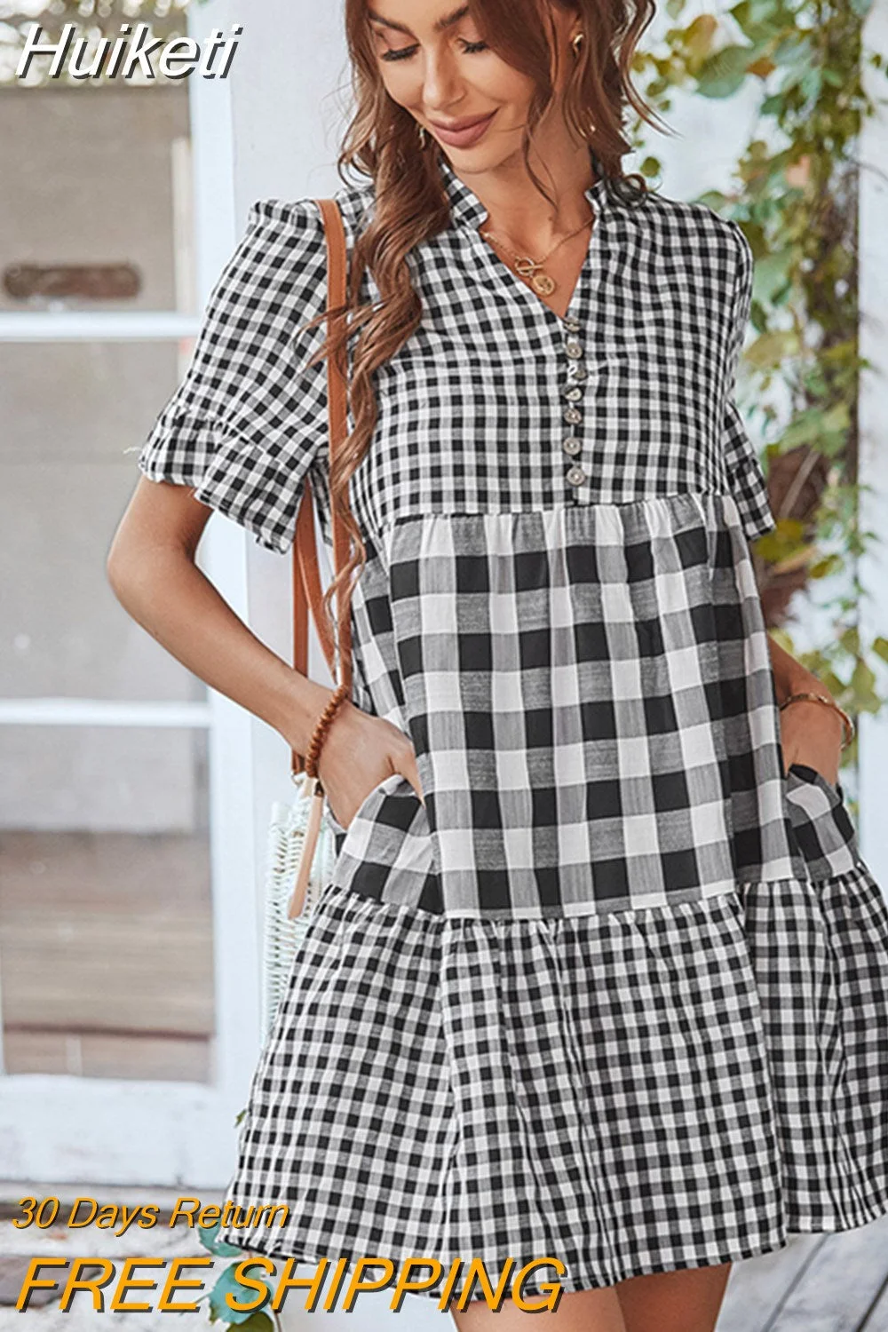 Huiketi New Spring Summer Loose Short Plaid Dress Women Casual Button V-neck Temperament Patchwork Short Sleeve Mini Dress