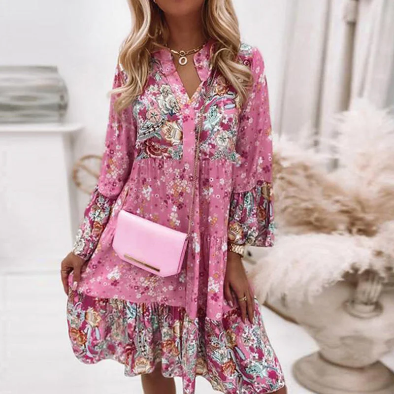 Loose V-Neck Ruffle Mini Dresses