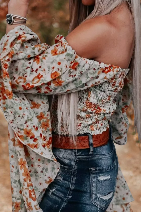 Off Shoulder Floral Print Bell Sleeve Top