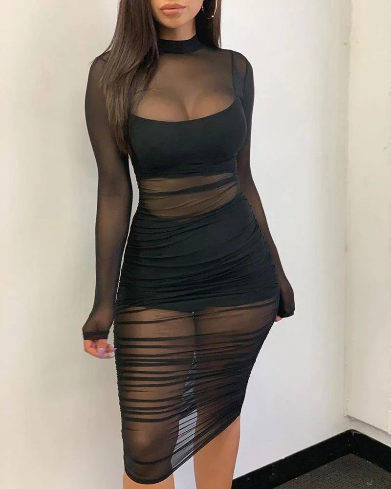 Solid Mesh See Through Design Ruched Dress With Lining Black Dresses | EGEMISS