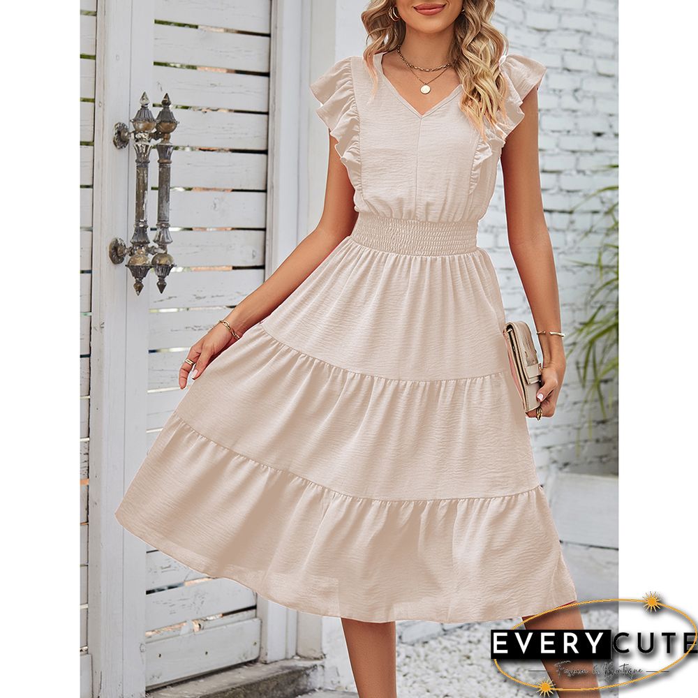 White Smocked Waist Ruffled Sleeveless Casual Dress