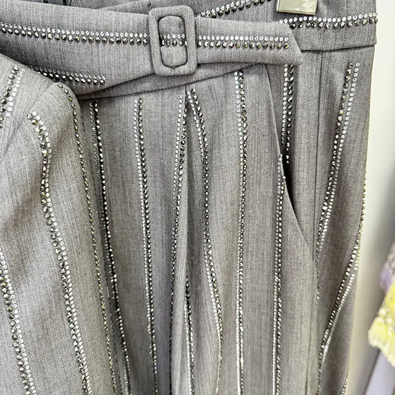 Nigikala Nigikala Early Spring New High-Grade Gray Heavyweight Hot Diamond Double Buckle Suit Trousers Set Two Sets