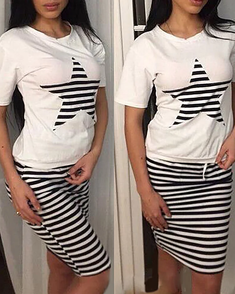 Striped Star Print T shirt & Midi Skirt Set P7549416671