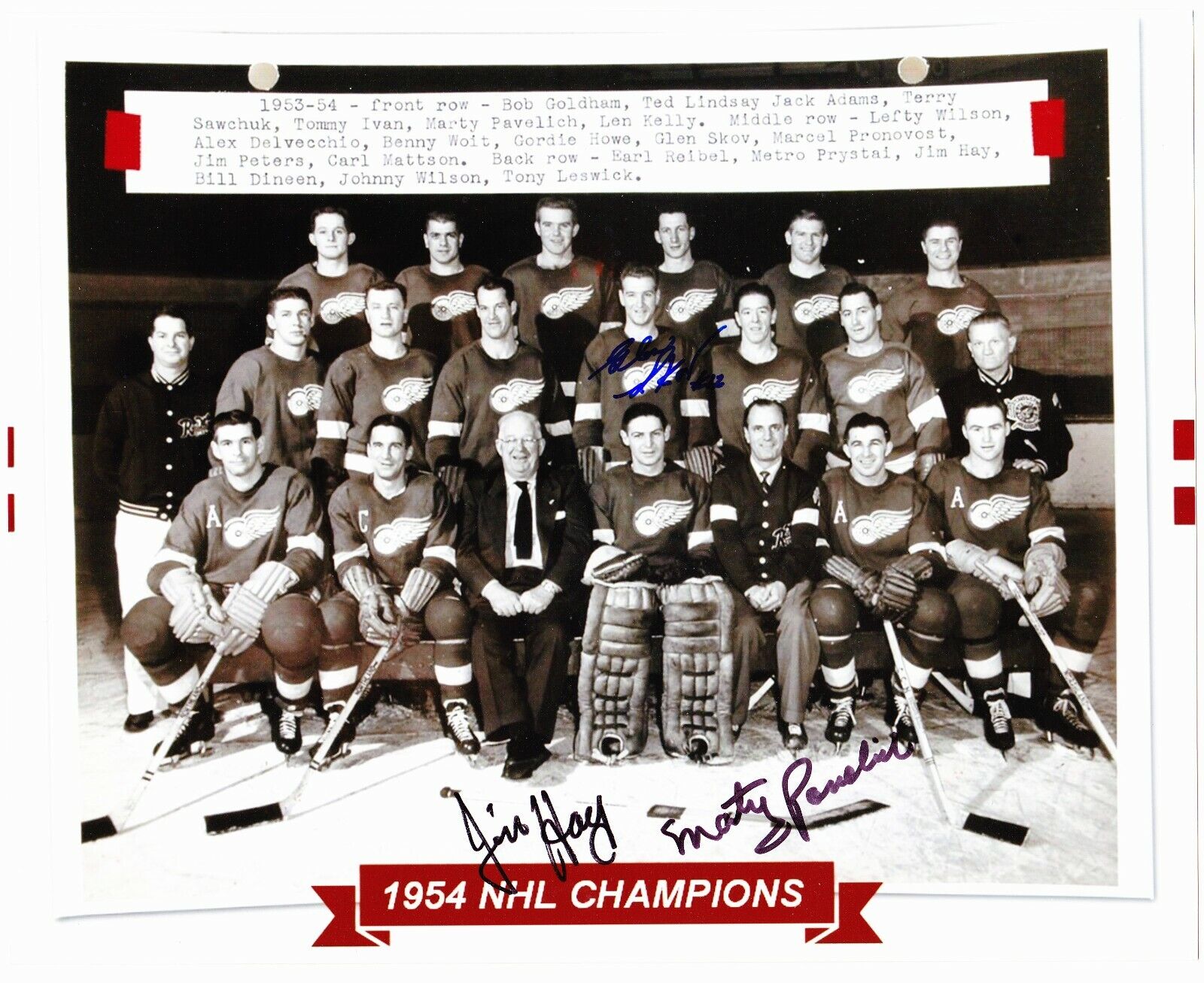 Marty Pavelcih,Glen Skov (Dec) Jim Hay (Dec) signed 8x10 1954 Red Wings team pic