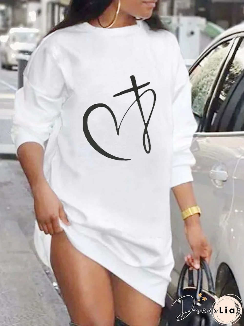 Heart Long Sleeve Crew Neck Plus Size Casual Sweatshirt Dresses