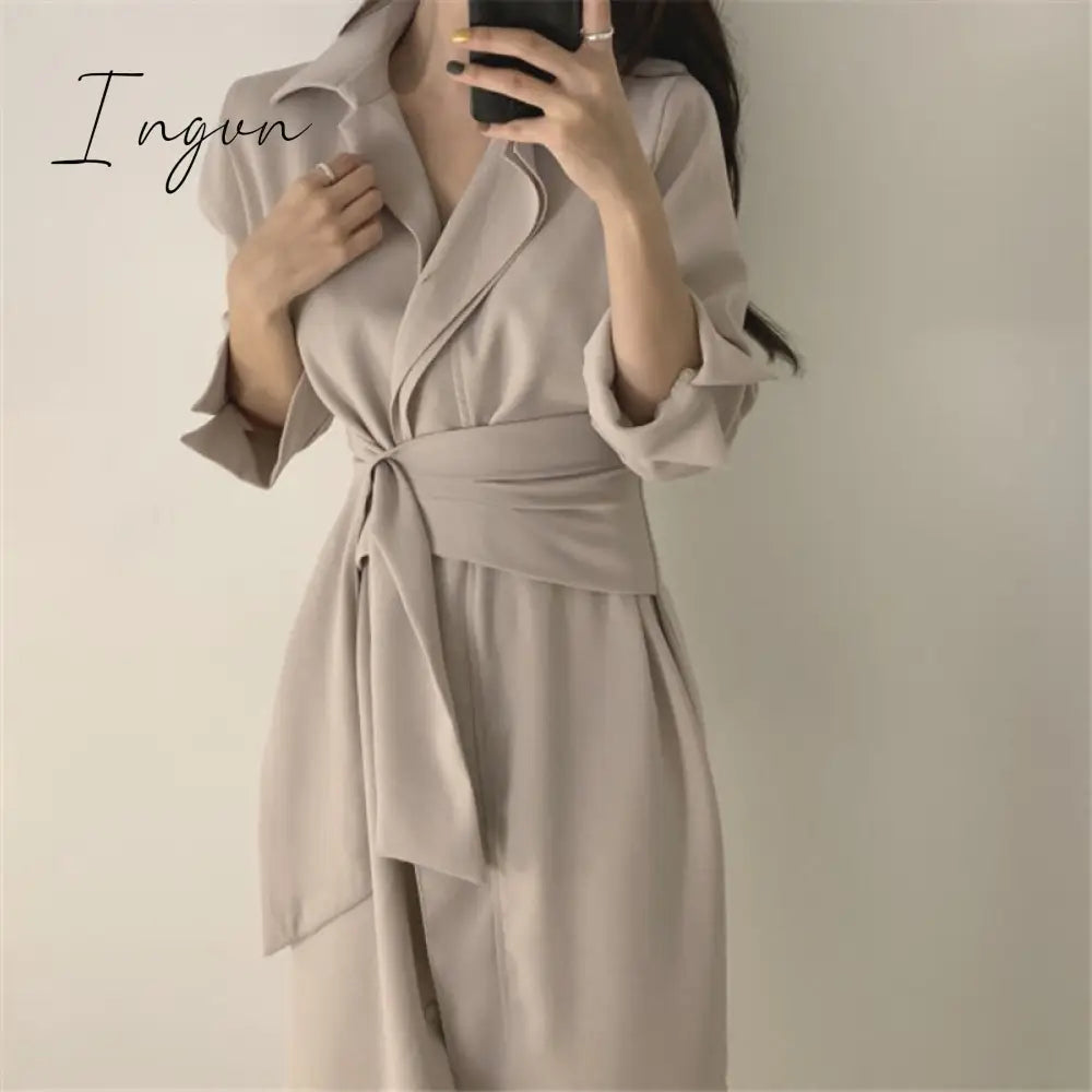 Ingvn - Ol Gentle Minimalist Autumn Work Wear Lapel Elegant Lace Up Solid Brief Sexy Chic Loose