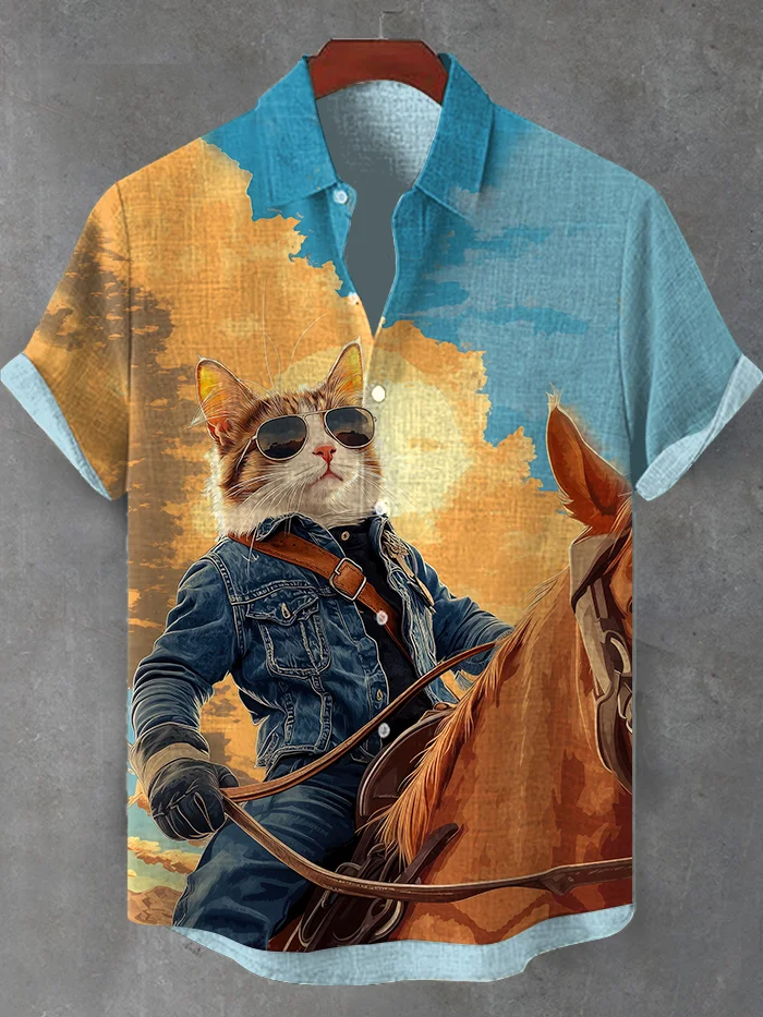 Men's Western Cowboy Cat Riding Horse Print Short Sleeve Shirt