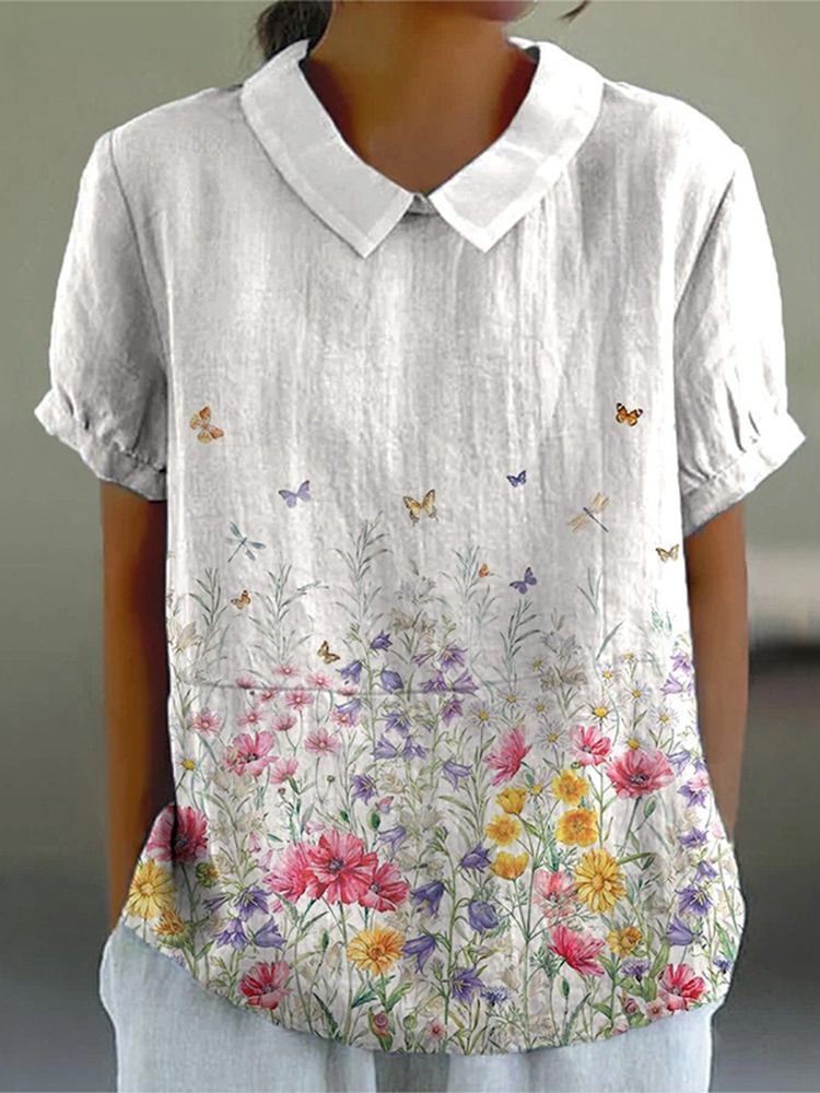 Comstylish Women'S Flower Butterfly Print Casual Cotton Linen Shirt