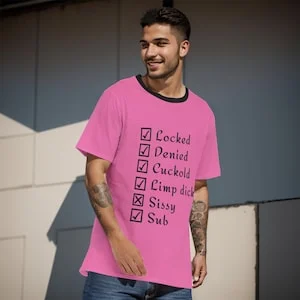 pornhint Pornhint Locked and Denied Cuckold O-Neck T-Shirt | 190GSM 100% Cotton in Pink Certified Locked and Denied Owned by "NAME" Totally Personalizable