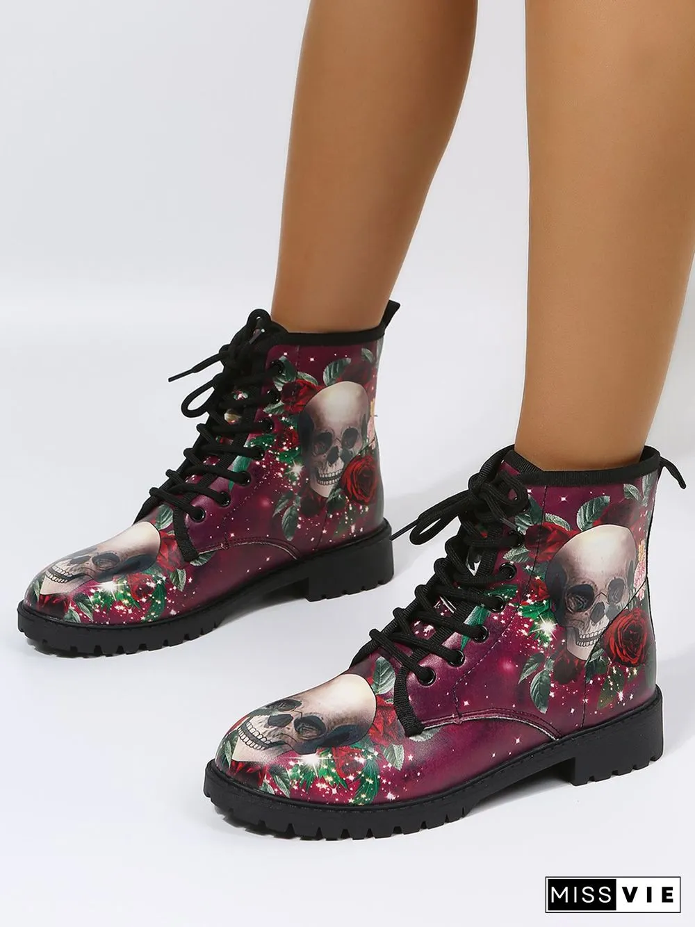 Floral Street All Season Printing Party Low Heel Lace-Up Non-Slip Classic Boots Boots for Women