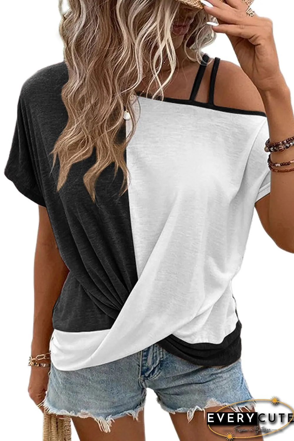 Black Asymmetric Colorblock Strappy Cold Shoulder Twist Hem Top