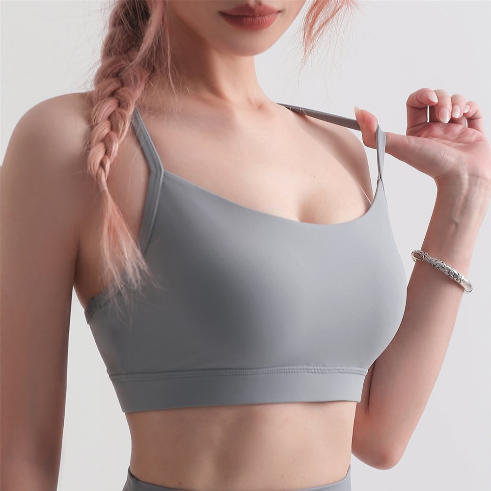 Buy Rhino Gray women's naked feel skin friendly u neck traceless buckle padded light support sports bra with thin straps of high quality on Hergymclothing