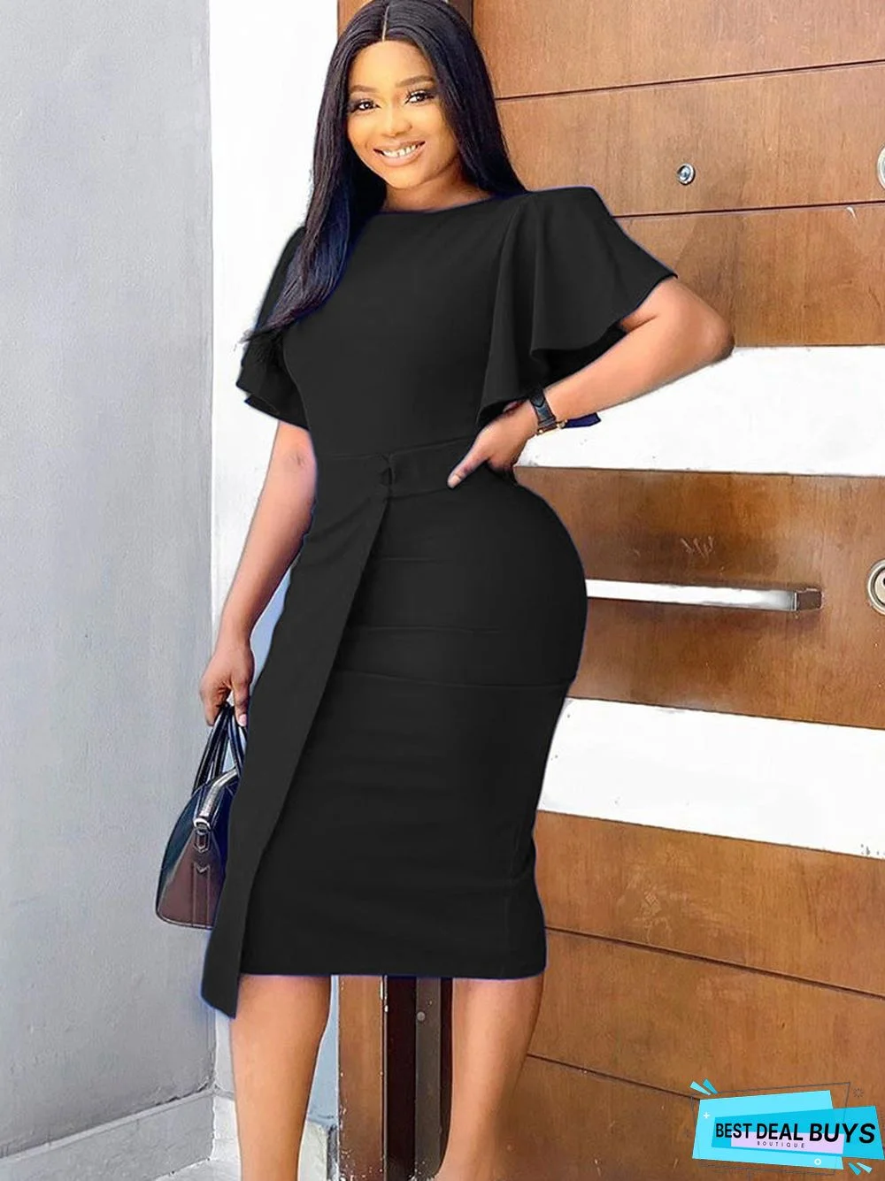Ruffle Short Sleeve Bodycon Midi Dress