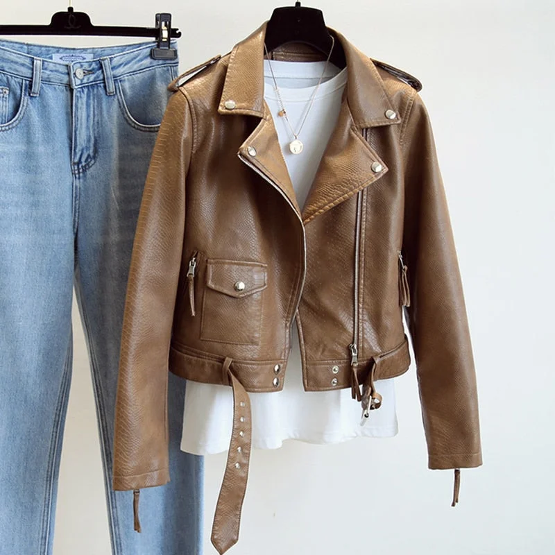 Ftlzz Spring Autumn Women Faux Leather Jacket Slim Streetwear Khaki Leather Coat Biker Moto Jacket with Belt Female Outerwear