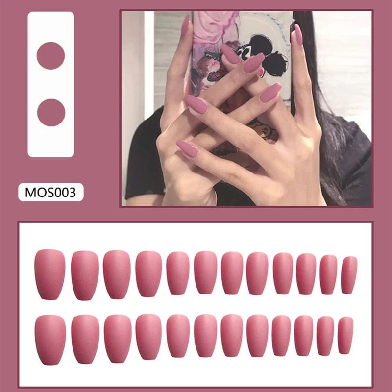 24Pcs Europe and the United State Beam ballerina fake press on nails Long Round Head Khaki matt fake nails with glue for girls-Nail Inspo