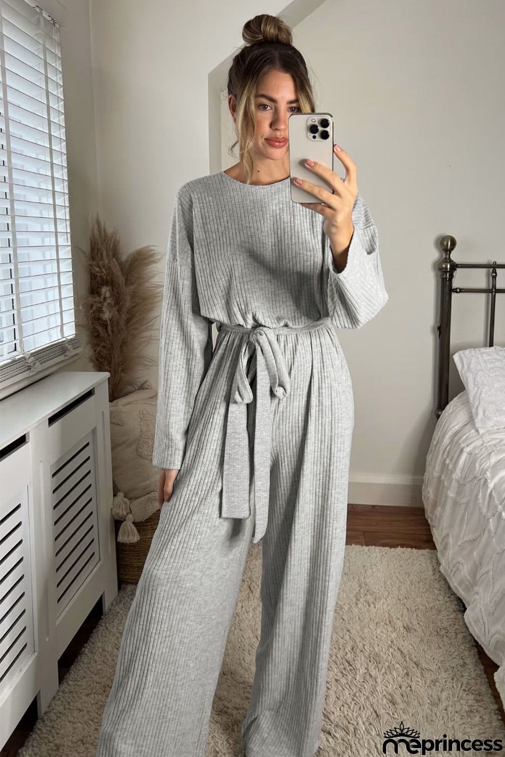 Ribbed Knit Belted Wide Leg Jumpsuit