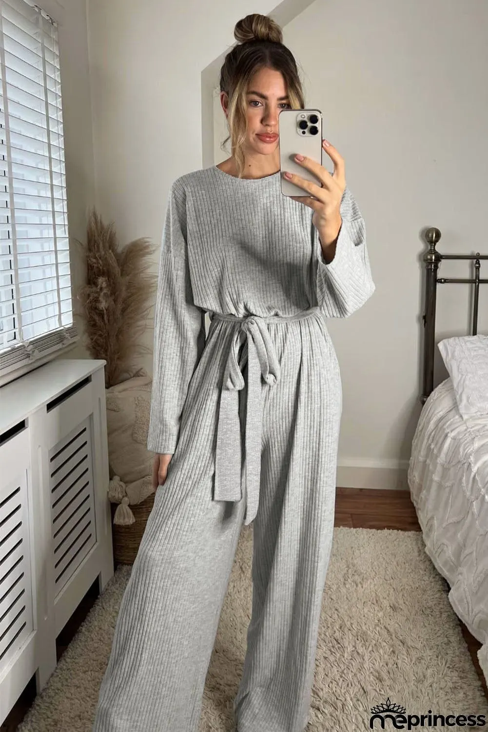 Ribbed Knit Belted Wide Leg Jumpsuit