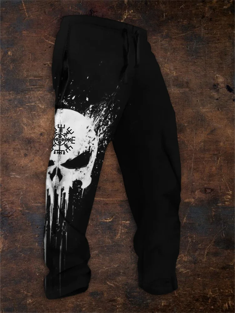 Wearshes Men's Viking Vegvisir Skull Graffiti Sweatpants