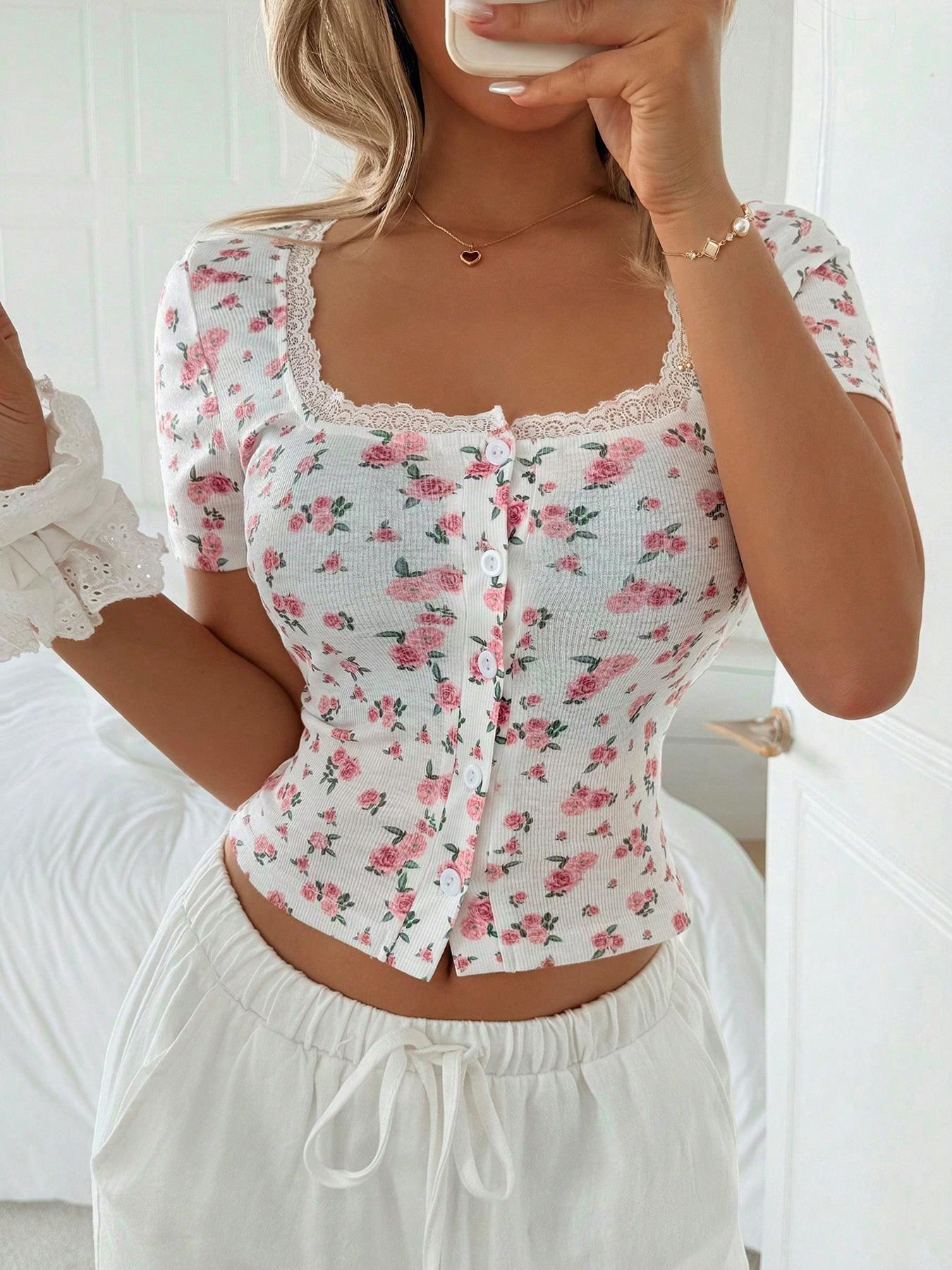Sweetheart Neck Lace-Trim Short-Sleeve Floral Print Fitted Crop Top, Y2K Casual Aesthetic Cute Style for Daily Wear, Womenswear