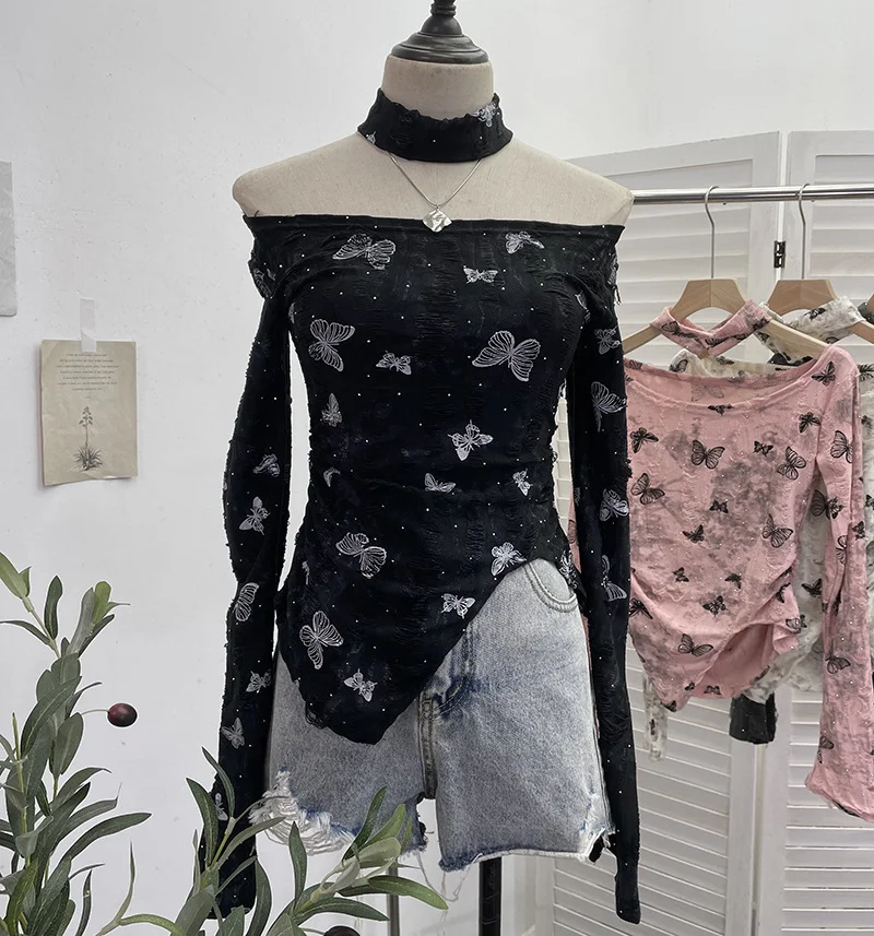 Brownm Pink Butterfly Hanging Neck To Make Old Hole Long-Sleeved T-Shirt Hottie Slanted Shoulder Slim Short Blouse 8002