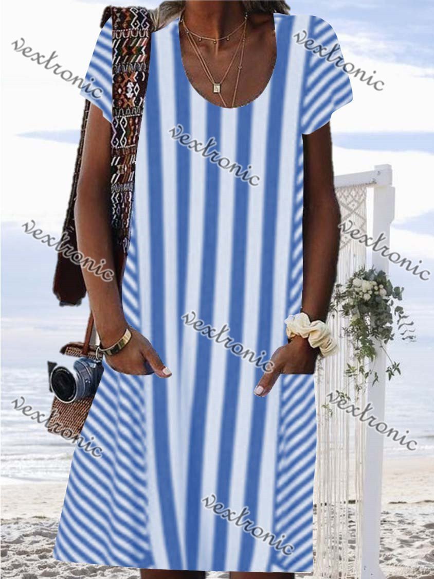 Women U-neck Short Sleeve Striped Printed Midi Dress with Pockets