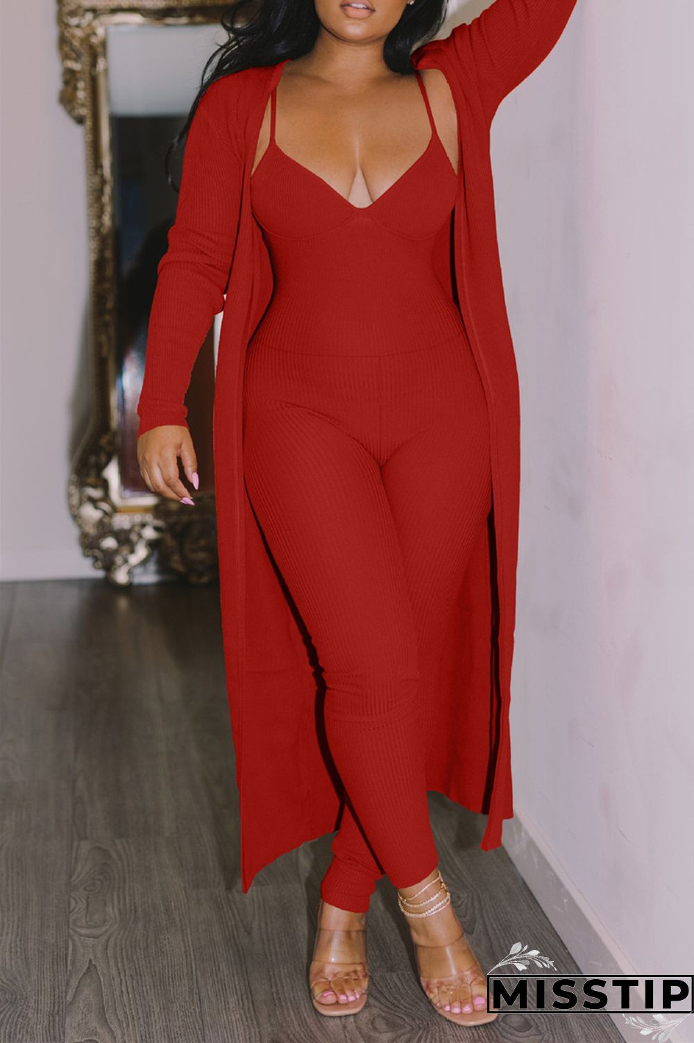 Red Fashion Casual Solid Cardigan V Neck Long Sleeve Two Pieces