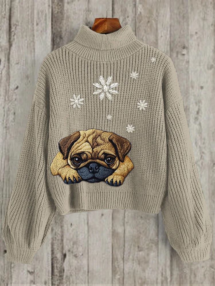 Cute Sleepy Pug Christmas Snowflake Embroidery Puppy Art Cozy Turtleneck Sweater