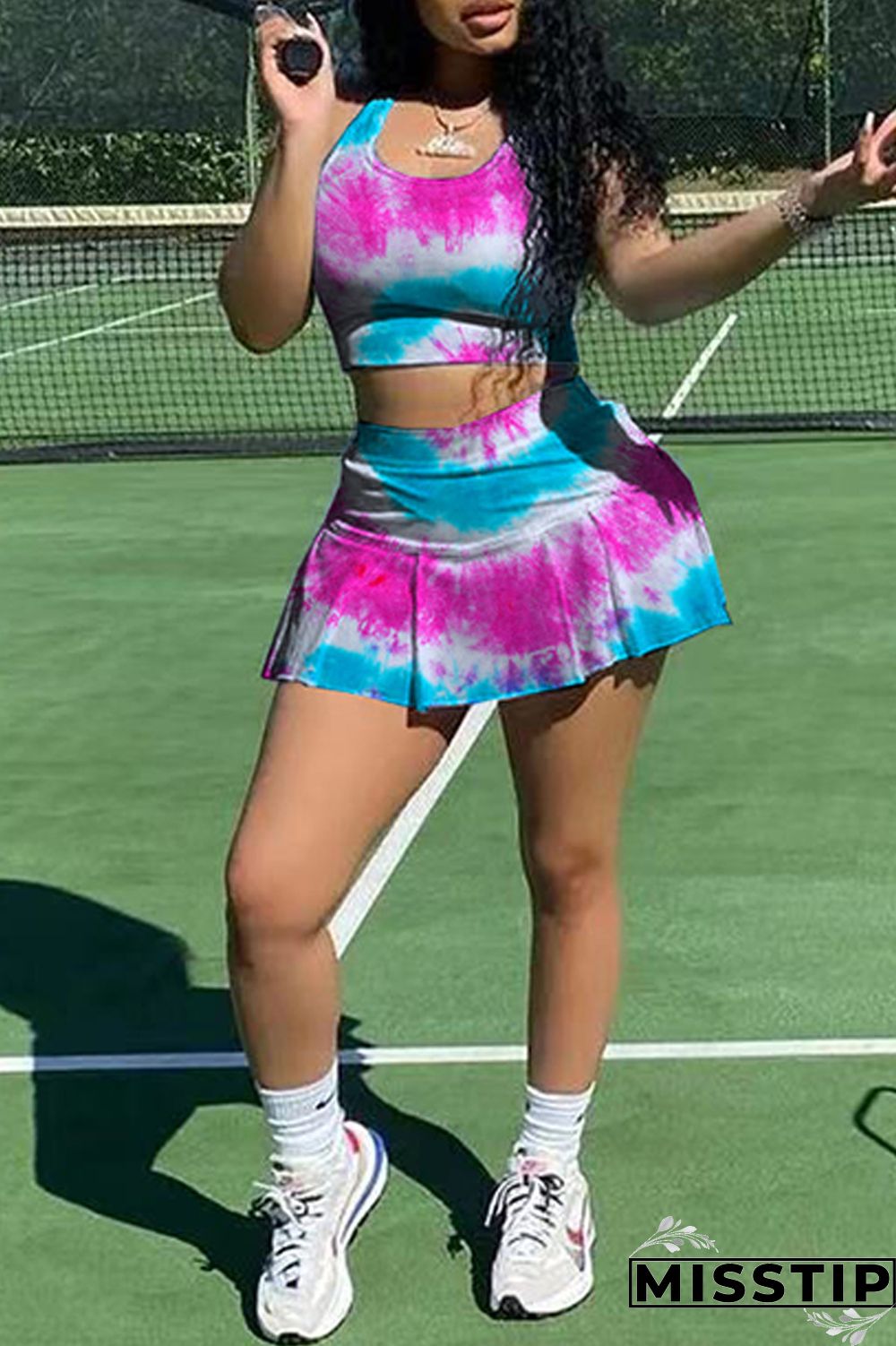 Green Yellow Sexy Casual Print Tie Dye Vests U Neck Sleeveless Two Pieces