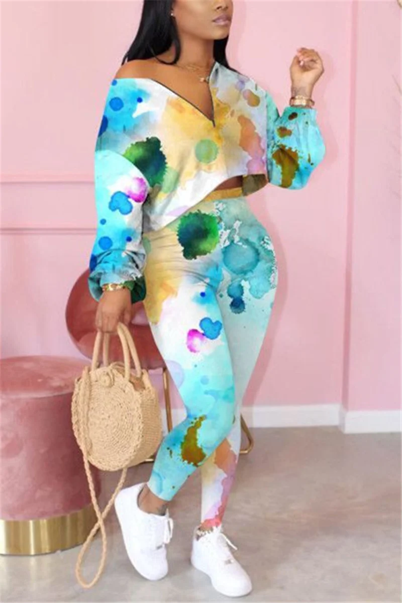 multicolor Fashion adult Ma'am OL Print Two Piece Suits pencil Long Sleeve Two Pieces | EGEMISS