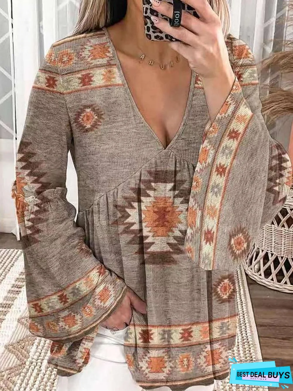 Casual V-Neck Vintage Print Flare Sleeve Loose Blouse