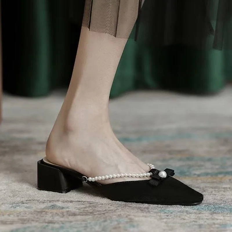  2022 Women Shoe Pumps High Square Heel Fairy Sandals Korean Designer Casual Platform French Mules