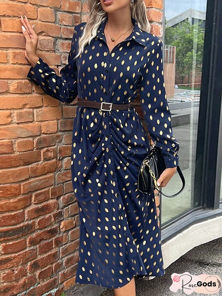 Polka Dot Bronzing Beltless Shirt Collar Dress