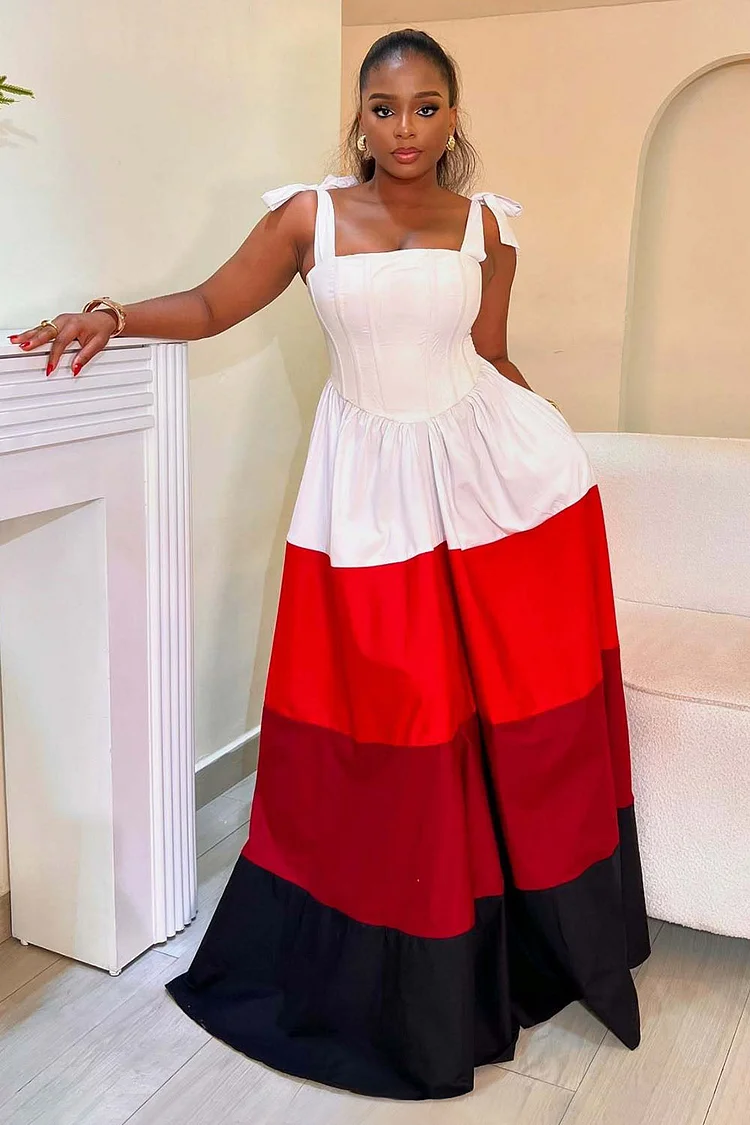 Tied Up Square Neck Corset Colorblock Vacation Maxi Dresses-Red [Pre Order]