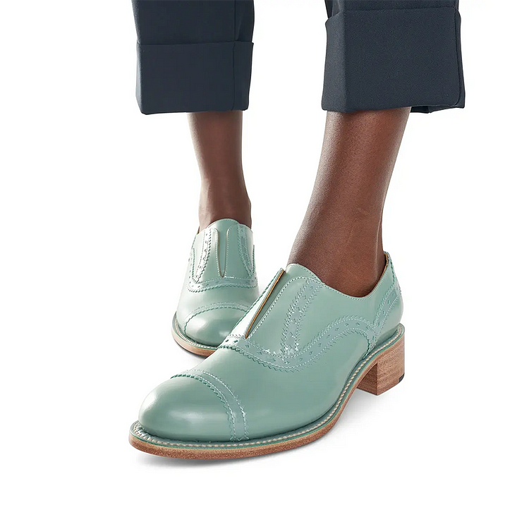 Light Blue Leather Classic Boat Loafers With Low Chunky Heels |FSJ Shoes