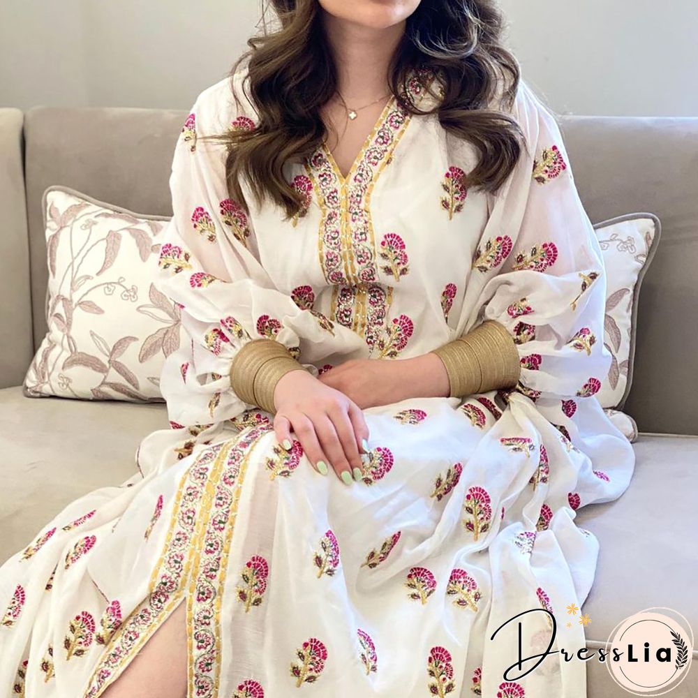 Red Plants Pattern Loose Kaftan Dress