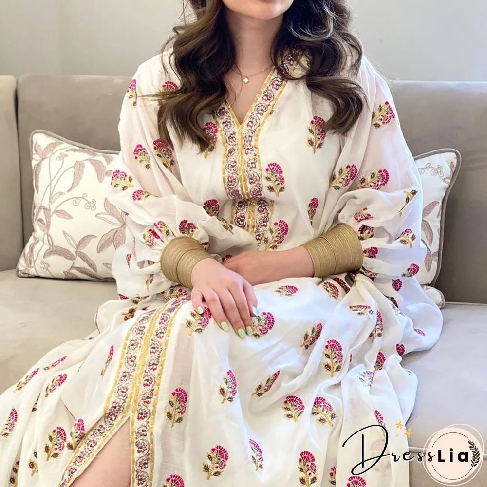 Red Plants Pattern Loose Kaftan Dress