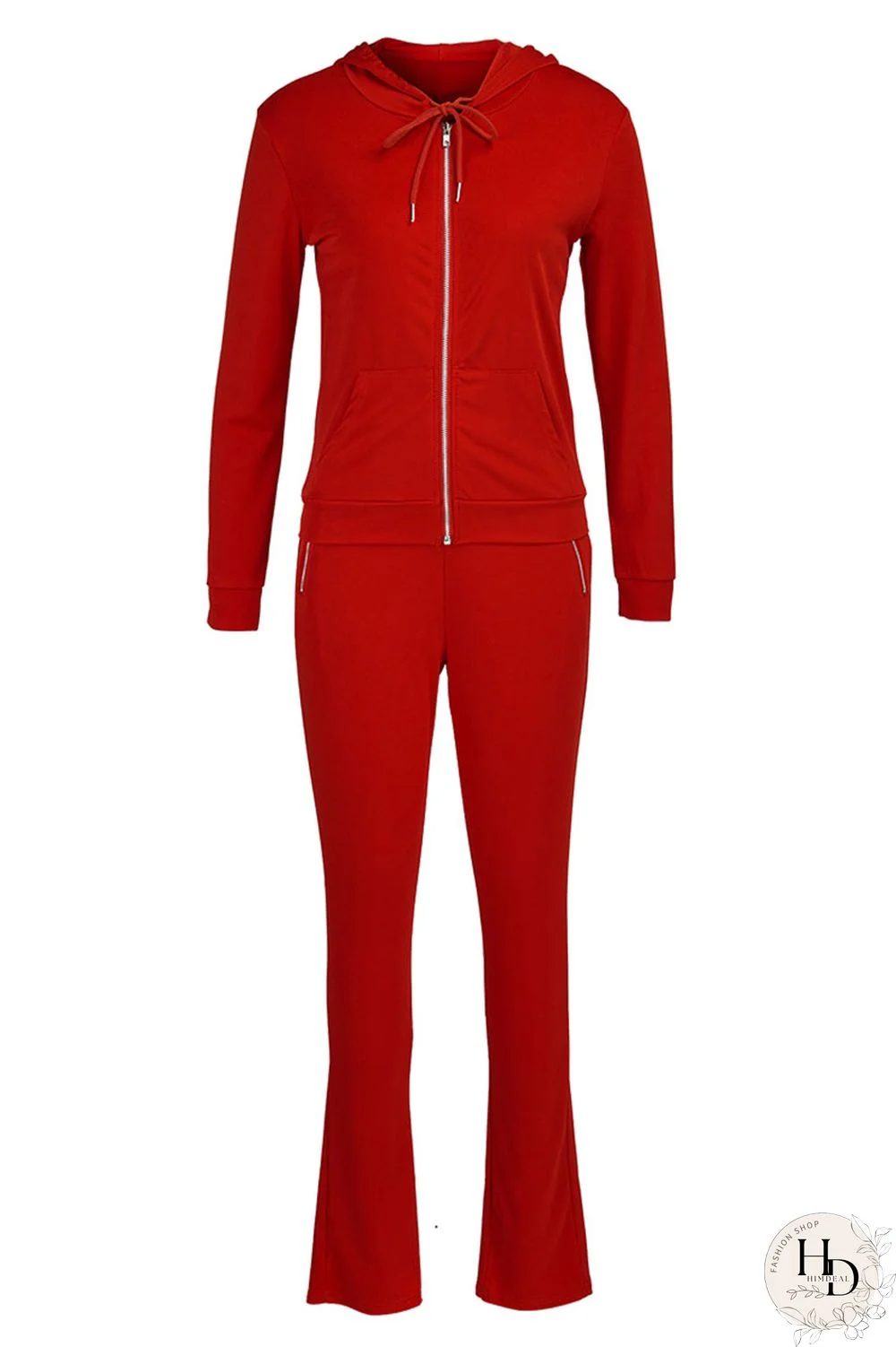 Red Casual Solid Split Joint Zipper Hooded Collar Long Sleeve Two Pieces